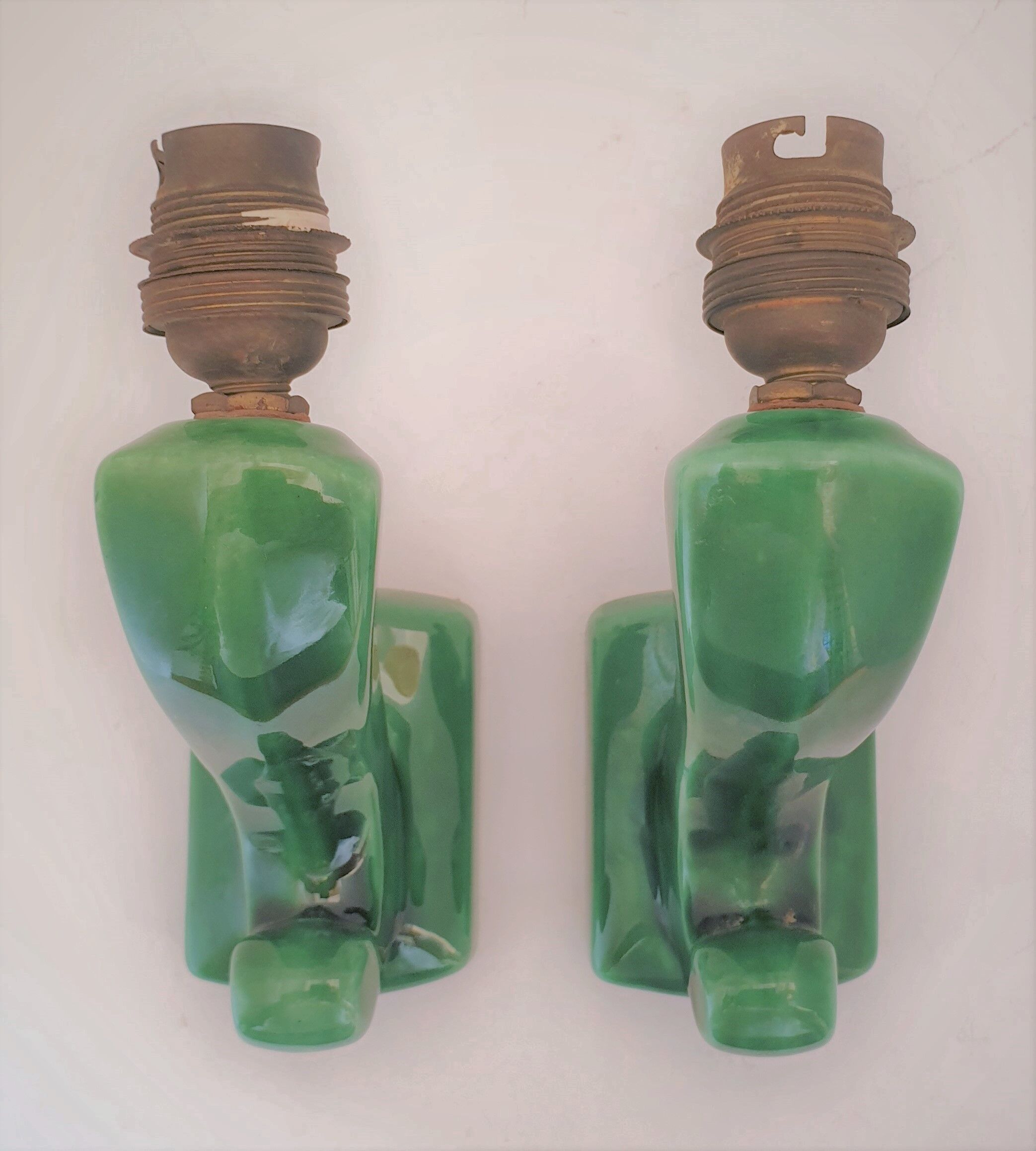 Pair of art deco sconces in emerald green ceramic