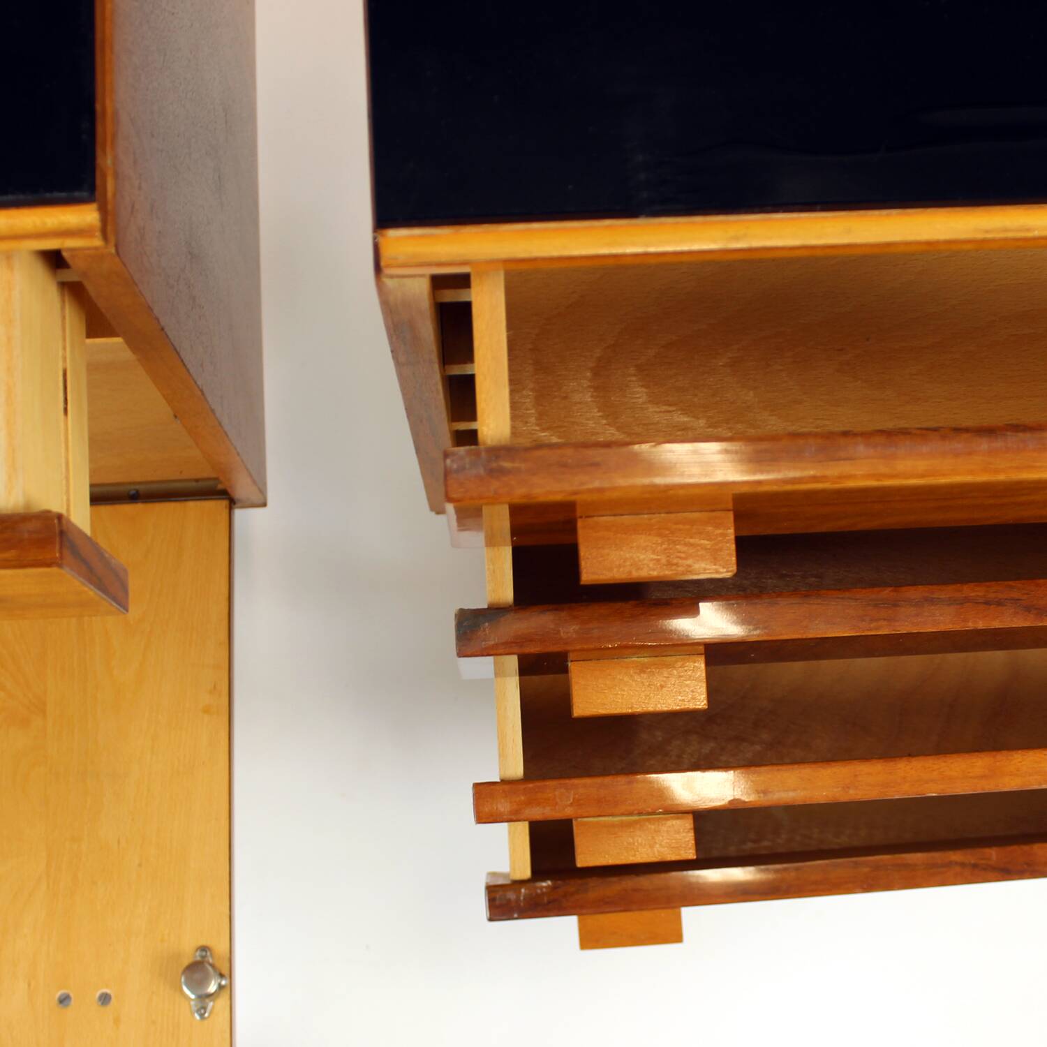 Set Of Mid Century Bedside Tables In Walnut And Black Glass, Czechoslovakia