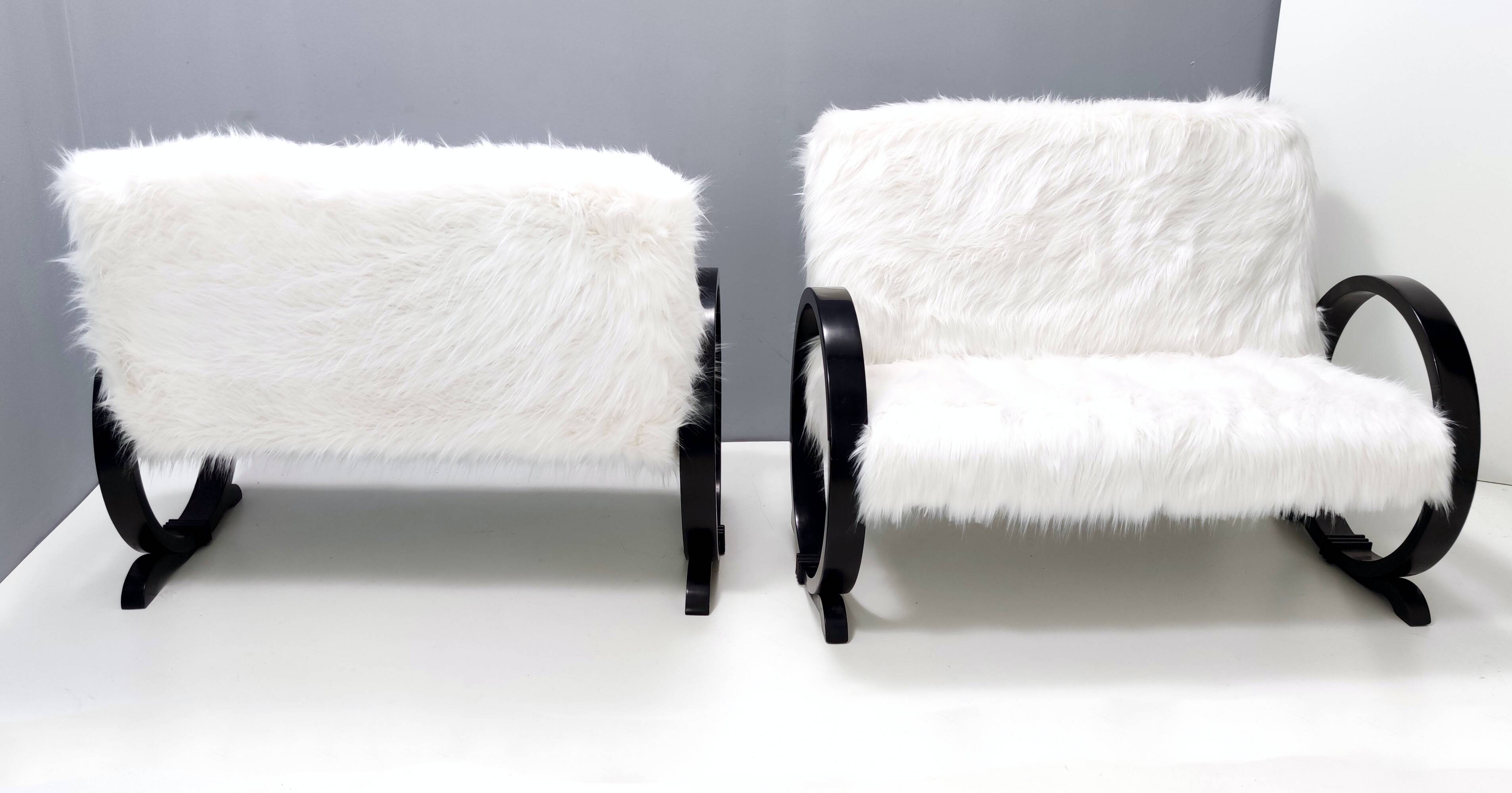 Vintage White Faux Fur Sofa with Black Wooden Frame, Italy