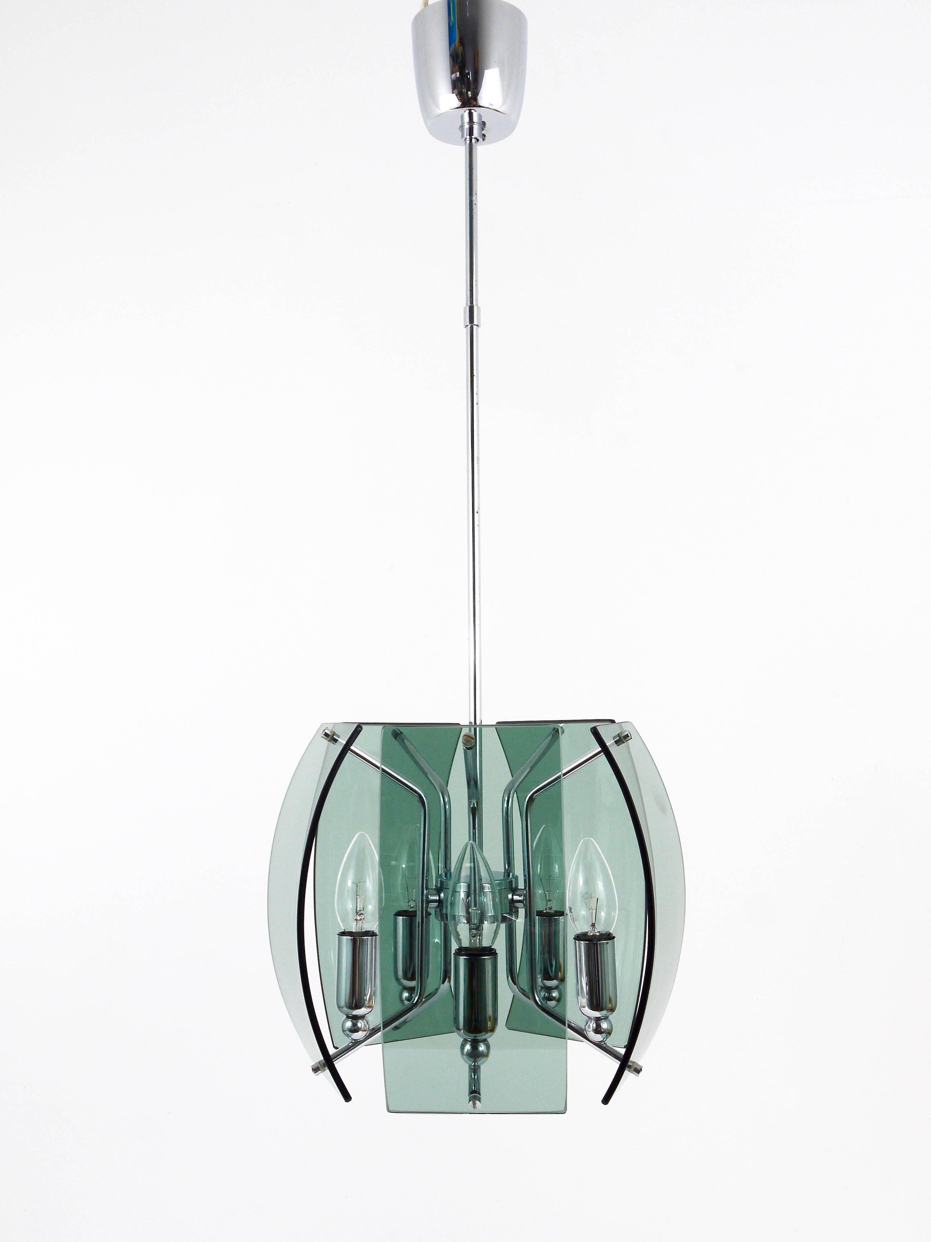 Glass and chrome chandelier in the Fontana Arte style, mid-century, Italy, 1960s.