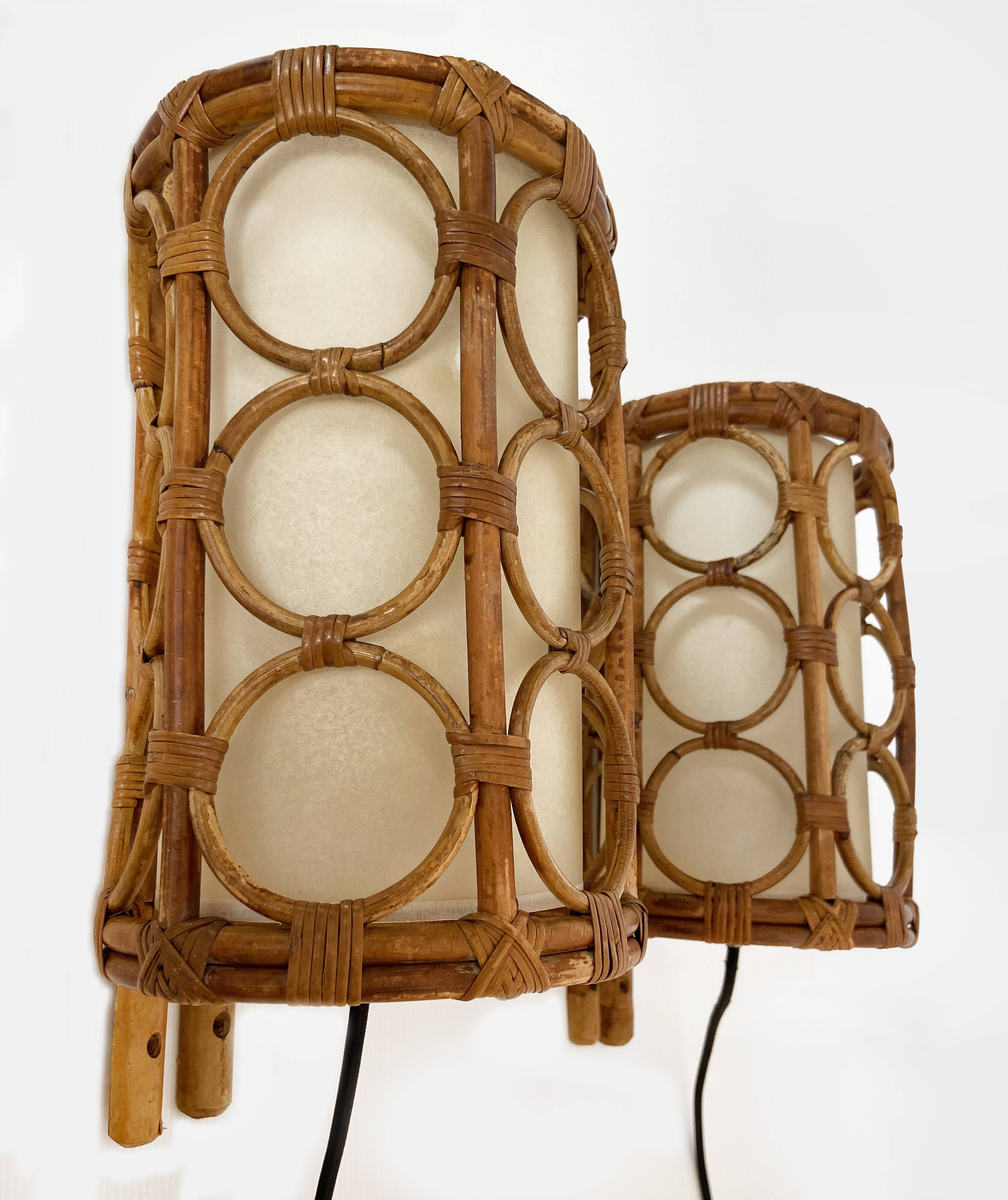 Mid-Century Rattan Wall Sconces — Louis Sognot Style