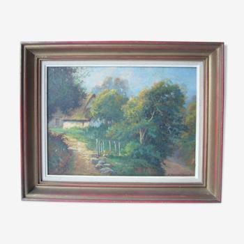 Oil painting on ancient canvas signed "country landscape"