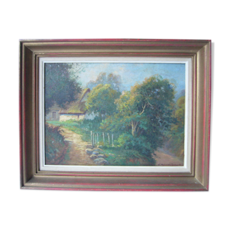 Oil painting on ancient canvas signed "country landscape"