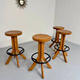 Set of 4 solid elm bar stools, vintage 70s design