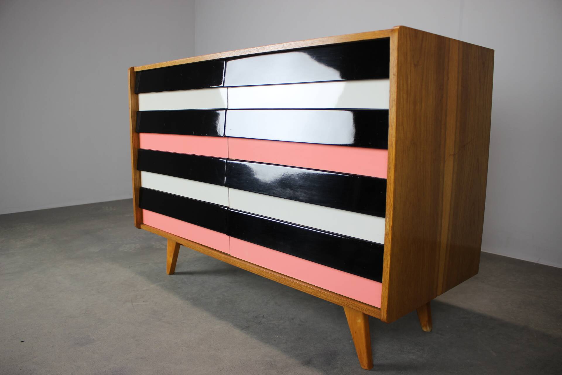 Restored 1960 chest of drawers by Jiroutek in oak with color-block drawers