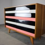 Restored 1960 chest of drawers by Jiroutek in oak with color-block drawers