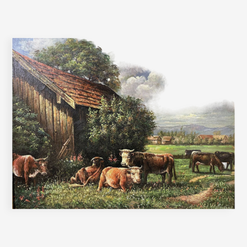 20th century French School: Oil on canvas depicting a herd of cows signed Cédan 1944