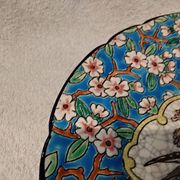 Longwy enamel plate with cartouche of 2 birds and apple blossoms, d188