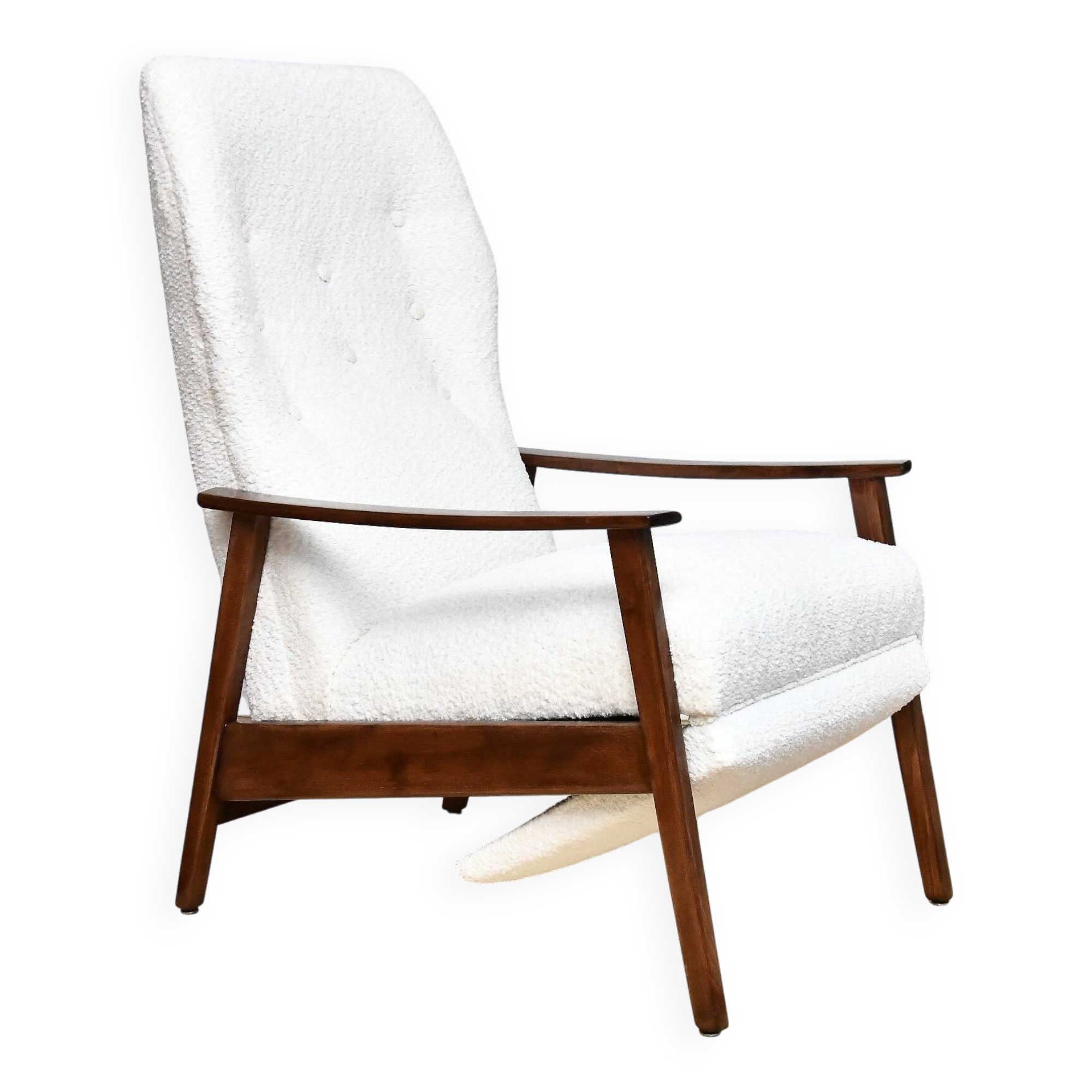Fauteuil avec repose-pieds rabattable en Bouclé blanc crème, années 1960