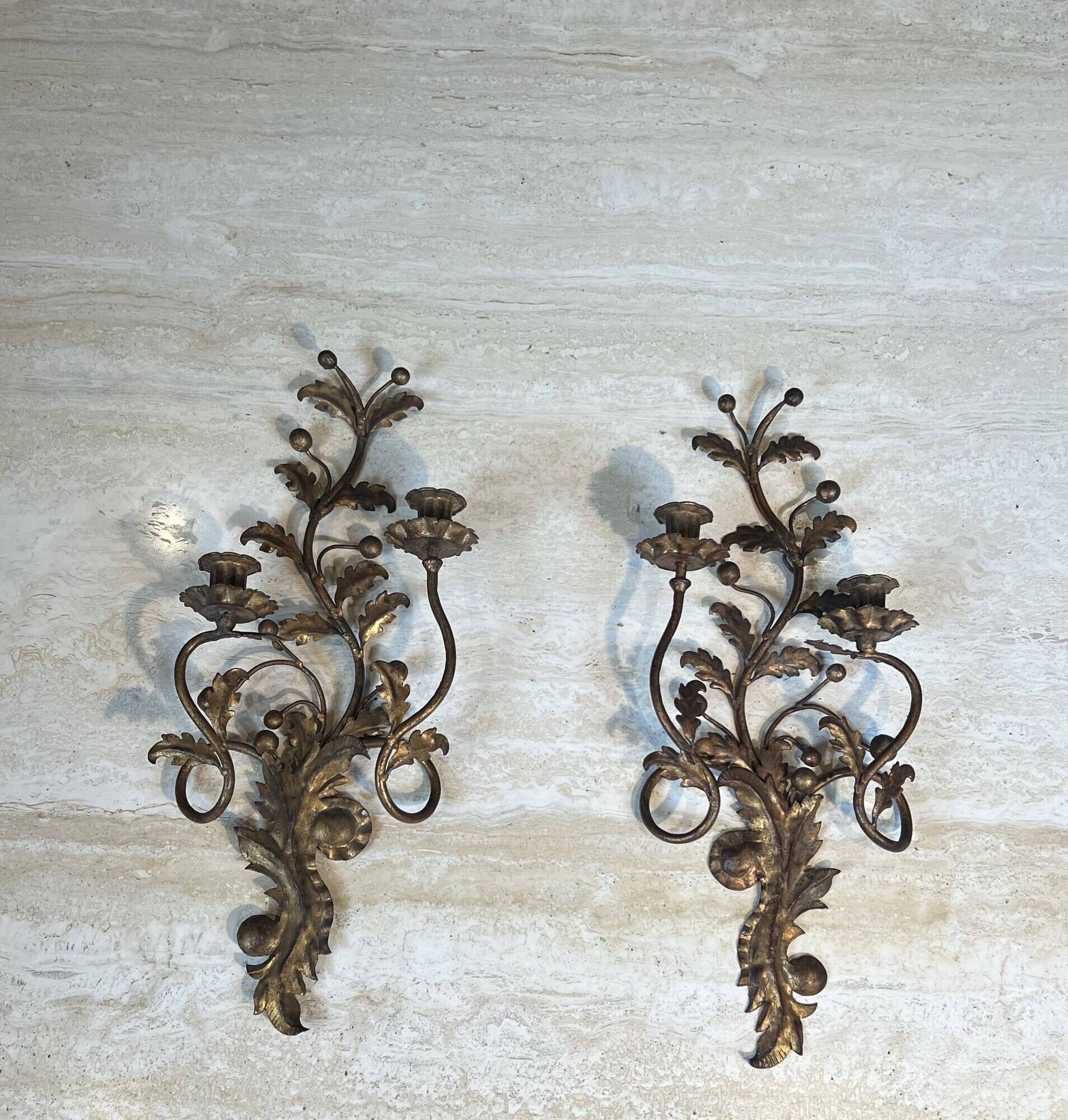 Pair of Two-Arm Wall Lights in Gold Metal with Leaf Decoration