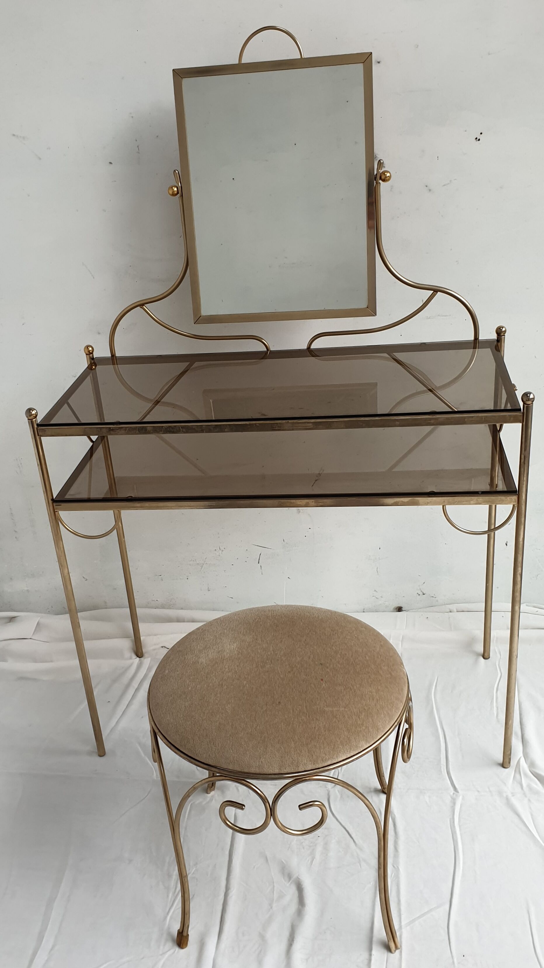 Vintage hairdresser 1950s brass and glass with mirror and matching seat