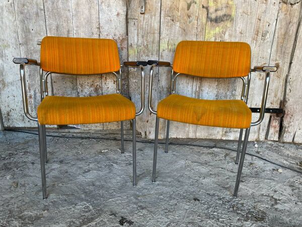 Paire Fauteuil Ancien Métal Chromé + Tissu Orange + Bois 1970 Vintage