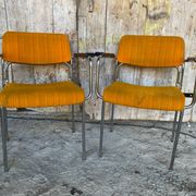Pair of Vintage 1970s Chrome Metal Armchairs with Orange Fabric and Wood