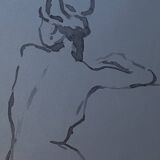 Signed watercolor painting on Denim paper portrait of a woman from behind "bath"