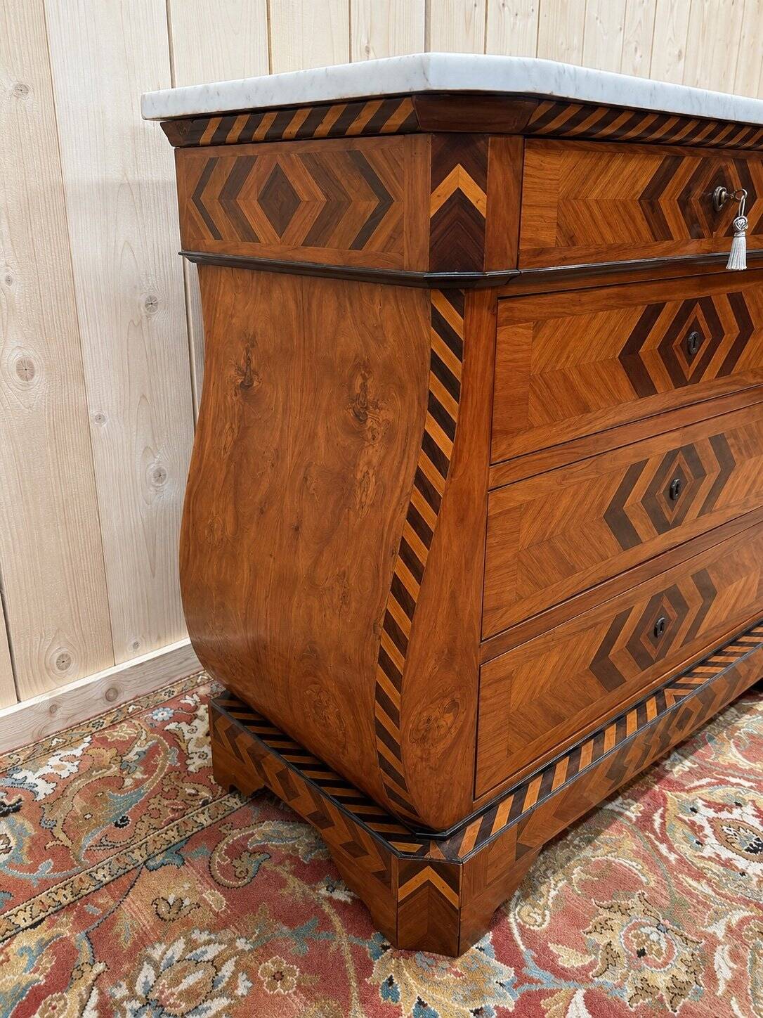 Swiss style marquetry commode – Carrara marble top