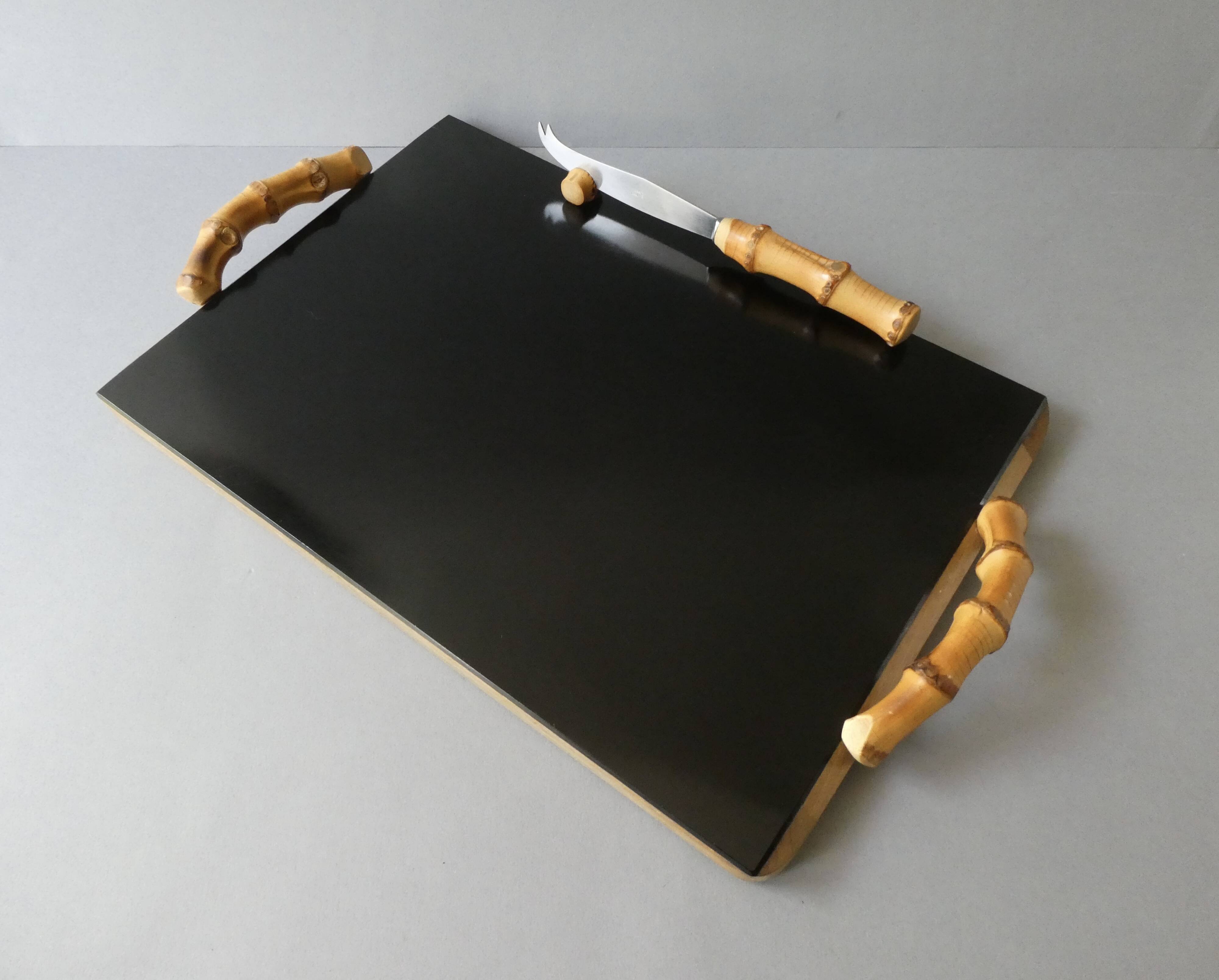 Wooden cheese board, bamboo handles, signed