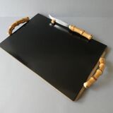 Wooden cheese board, bamboo handles, signed