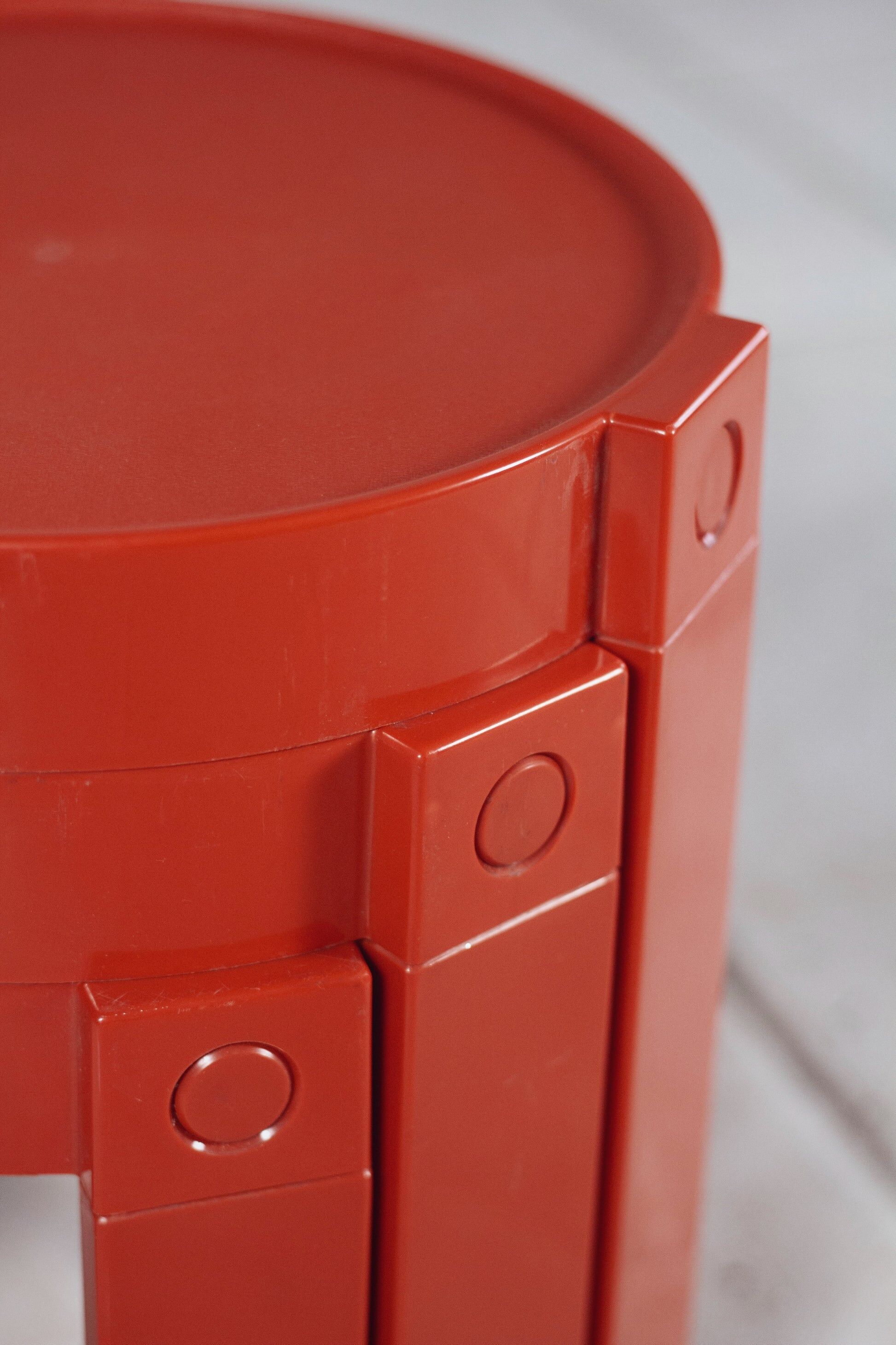 3 nesting tables in orange plastic by Prisunic, 1970.