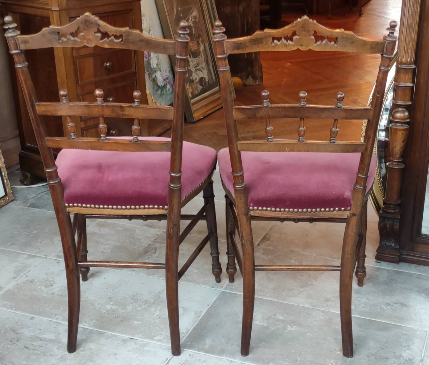 Pair of old velvet chairs in old rose carved wood