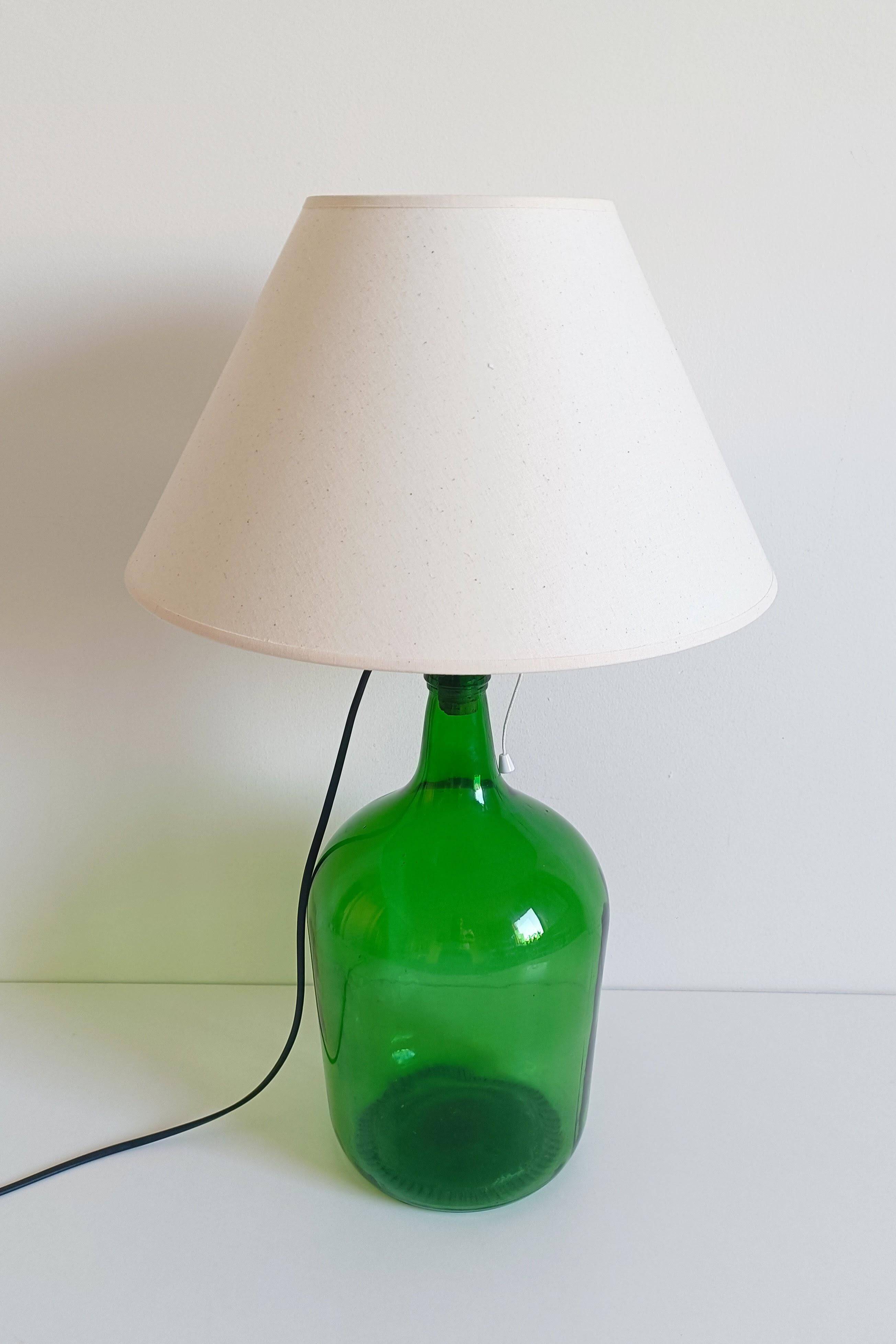 Mid-Century Green Glass Demijohn Table Lamp, Brass Fittings, Contemporary Shade