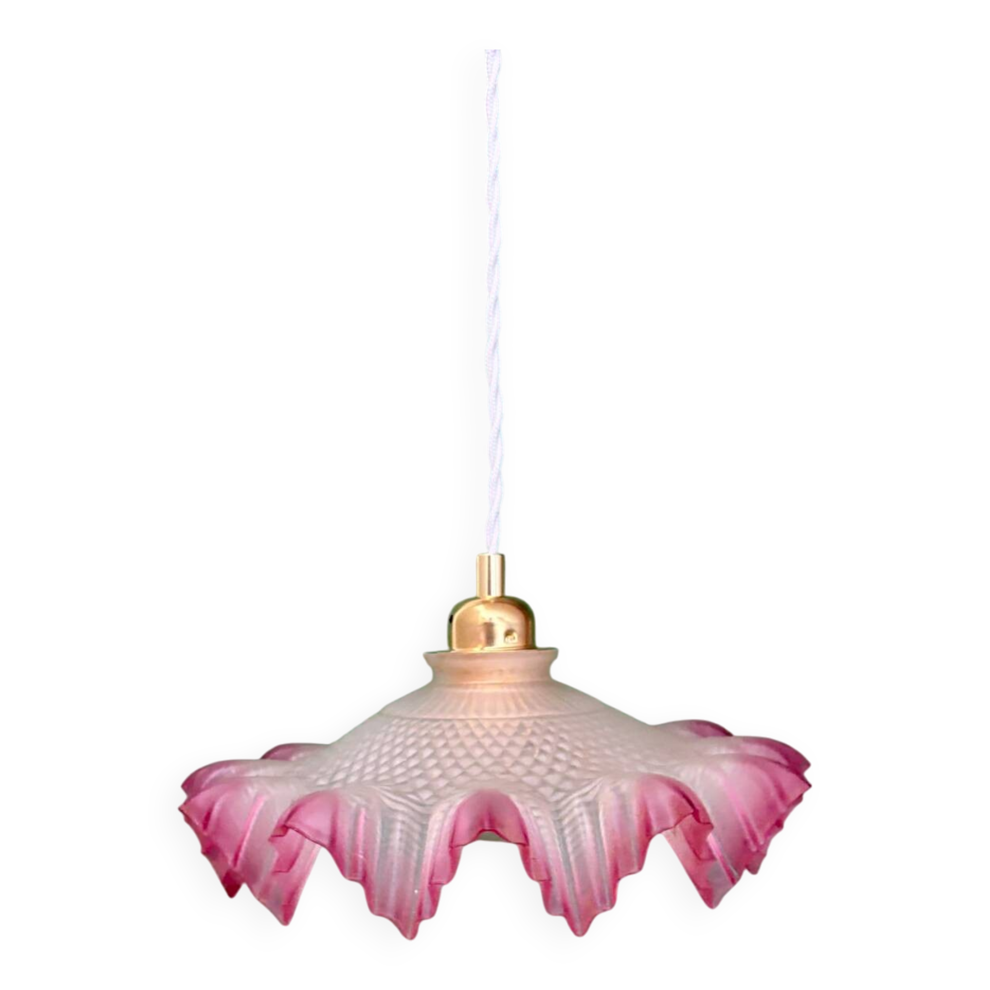 Vintage frosted glass pendant lampshade, half pink, half transparent