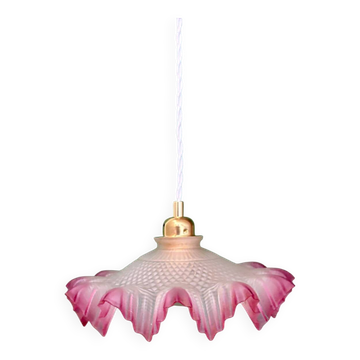 Vintage frosted glass pendant lampshade, half pink, half transparent