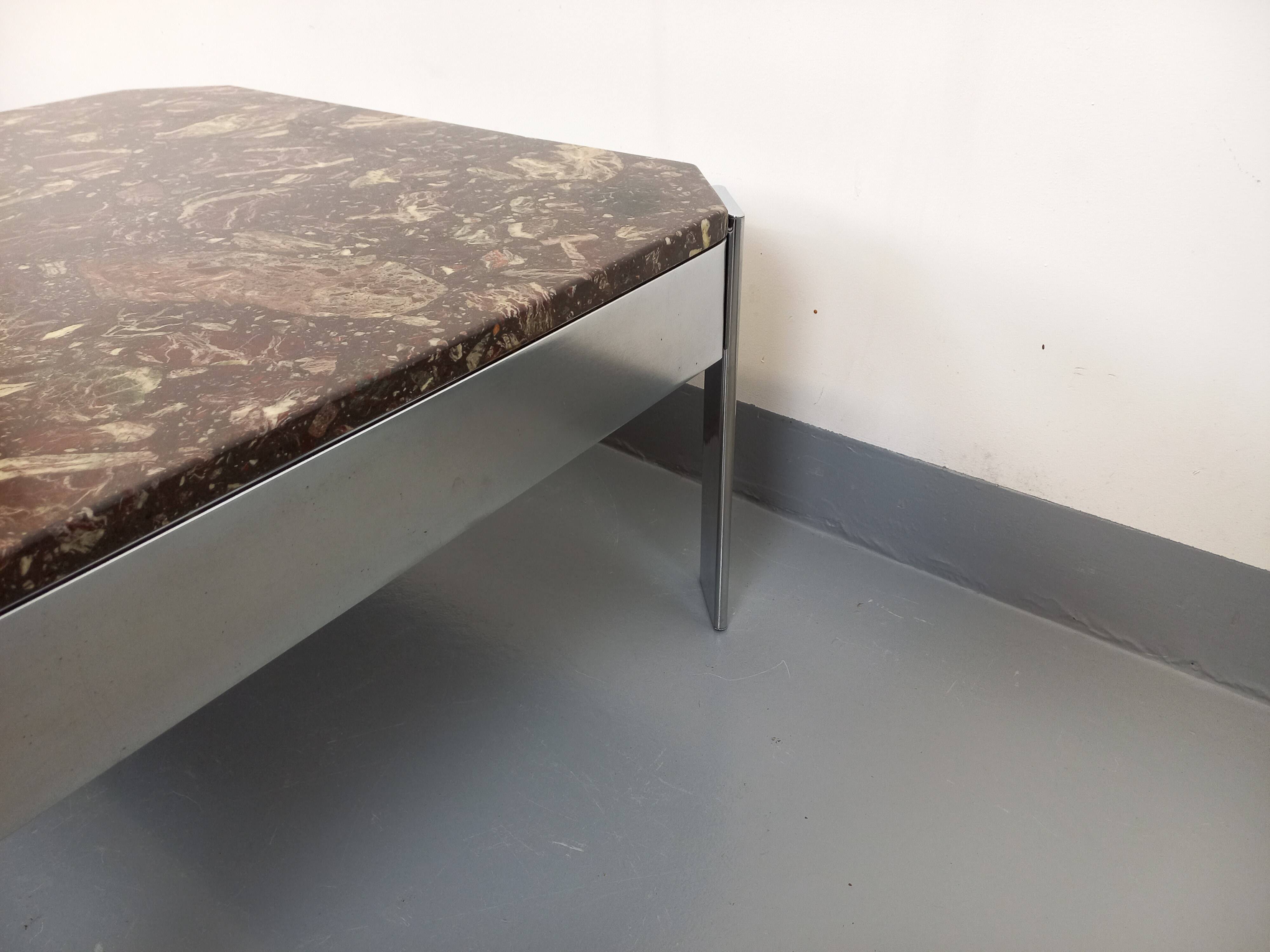 Vintage square coffee table in marble and chrome metal from the 70s
