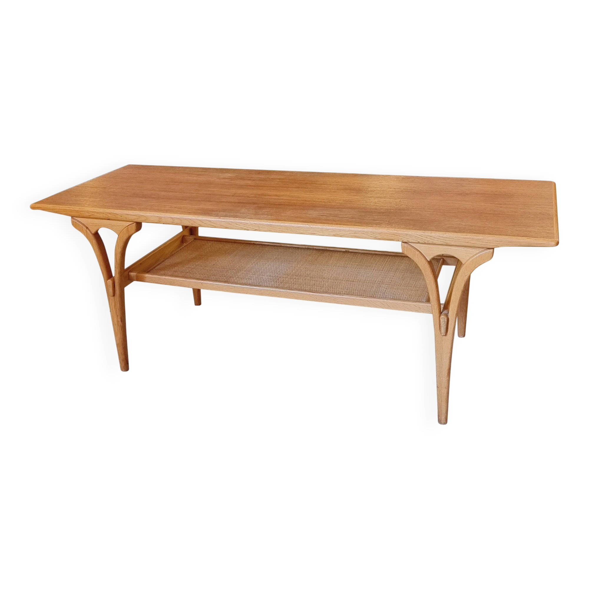 Birger Larsson, coffee table / side table, teak, oak and rattan. Modern Scandinavian.