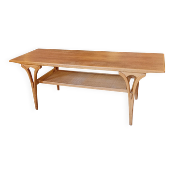 Birger Larsson, coffee table / side table, teak, oak and rattan. Modern Scandinavian.