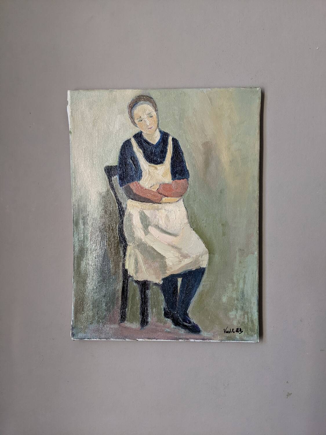 Old acrylic painting on canvas, country decoration.