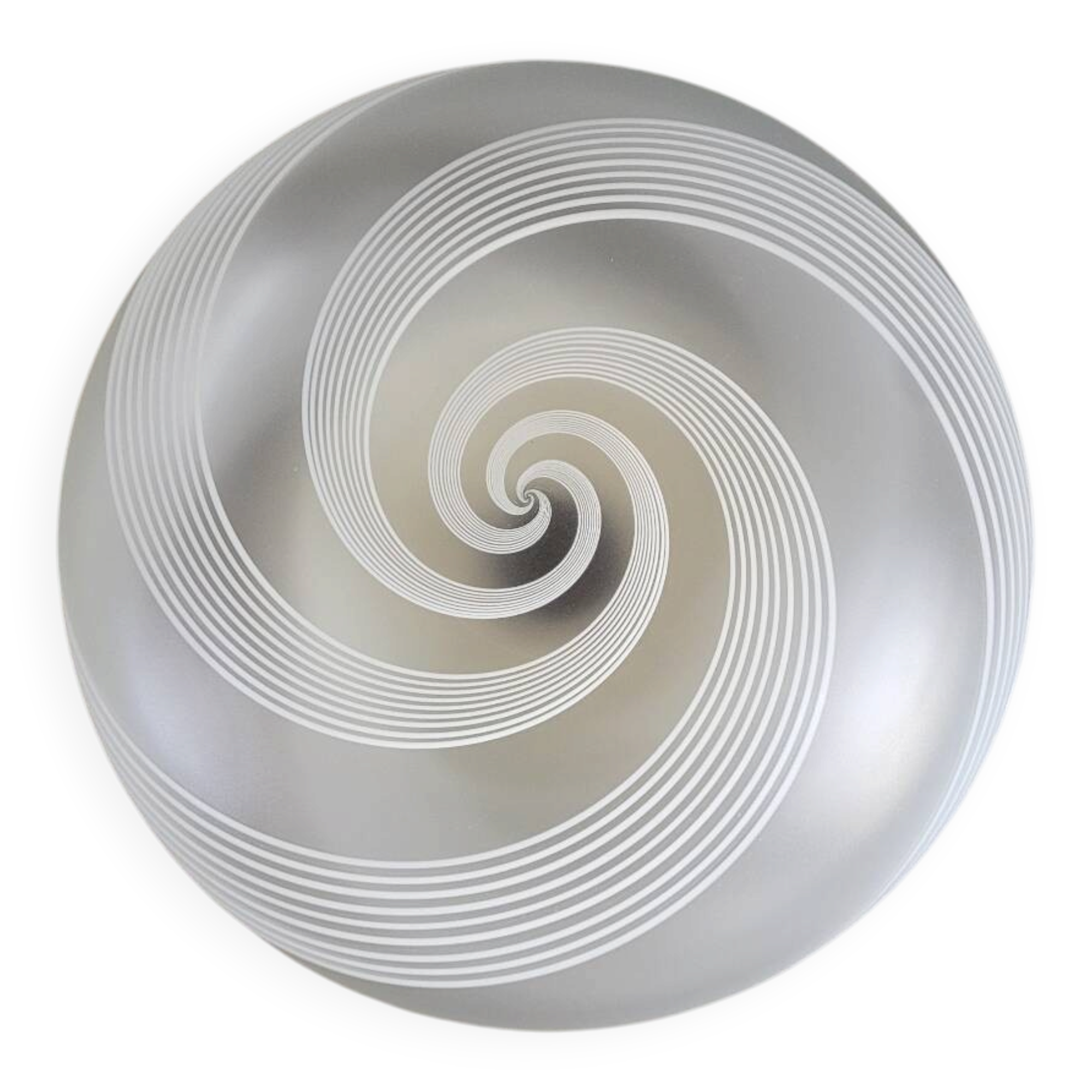 Frosted glass globe ceiling light with spiral patterns.