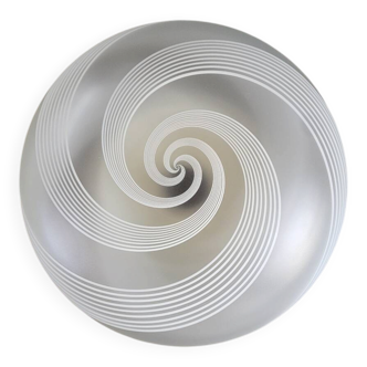 Frosted glass globe ceiling light with spiral patterns.