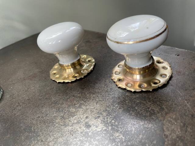 pair of round porcelain and copper Art Deco handles