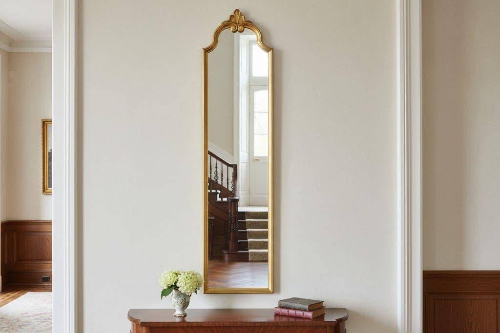 Narrow and tall antique mirror, adorned with golden patterns.