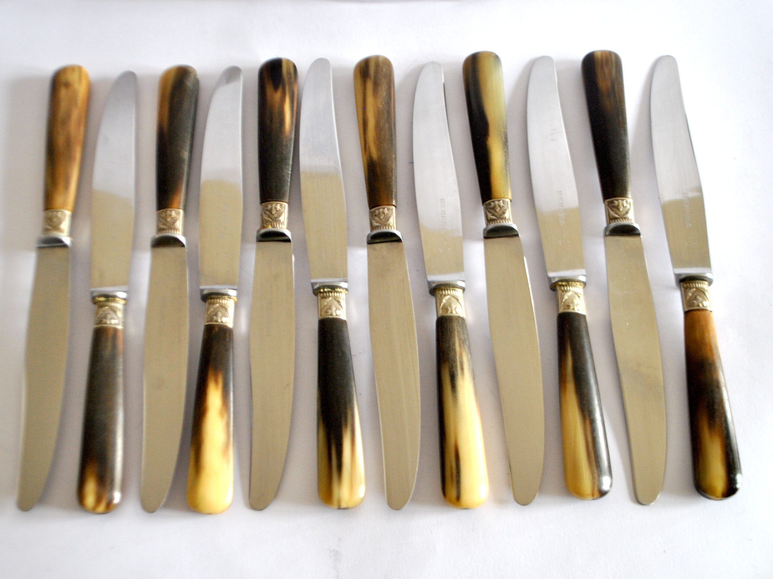 Set of 12 vintage table knives with horn handles and stainless steel blades RENEKA 24.5 cm