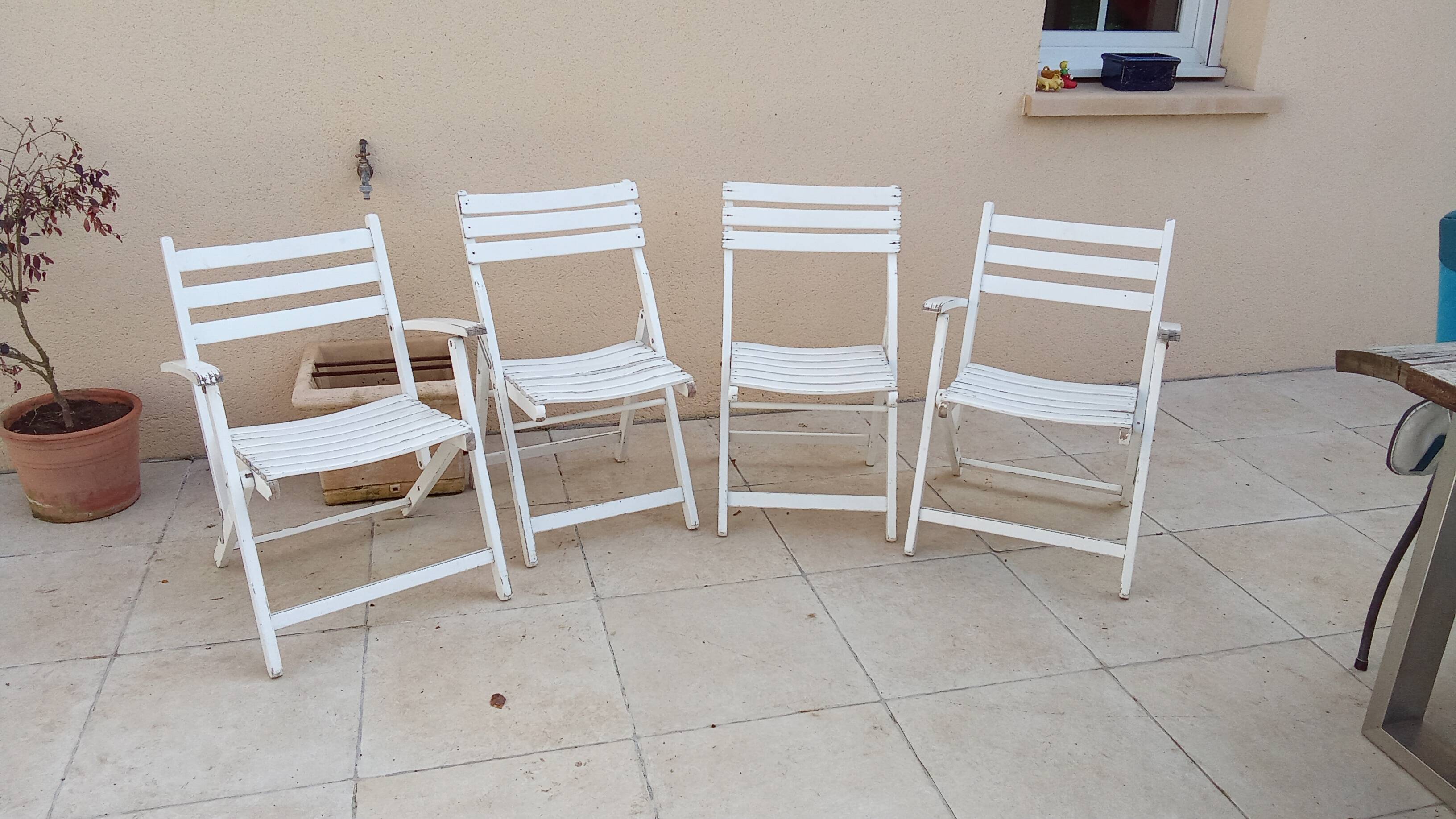 2 chairs and 2 vintage wooden garden lounge armchairs dejou