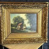Barbizon School 19th century - Oil on panel - Washerwoman mill landscape - 1870
