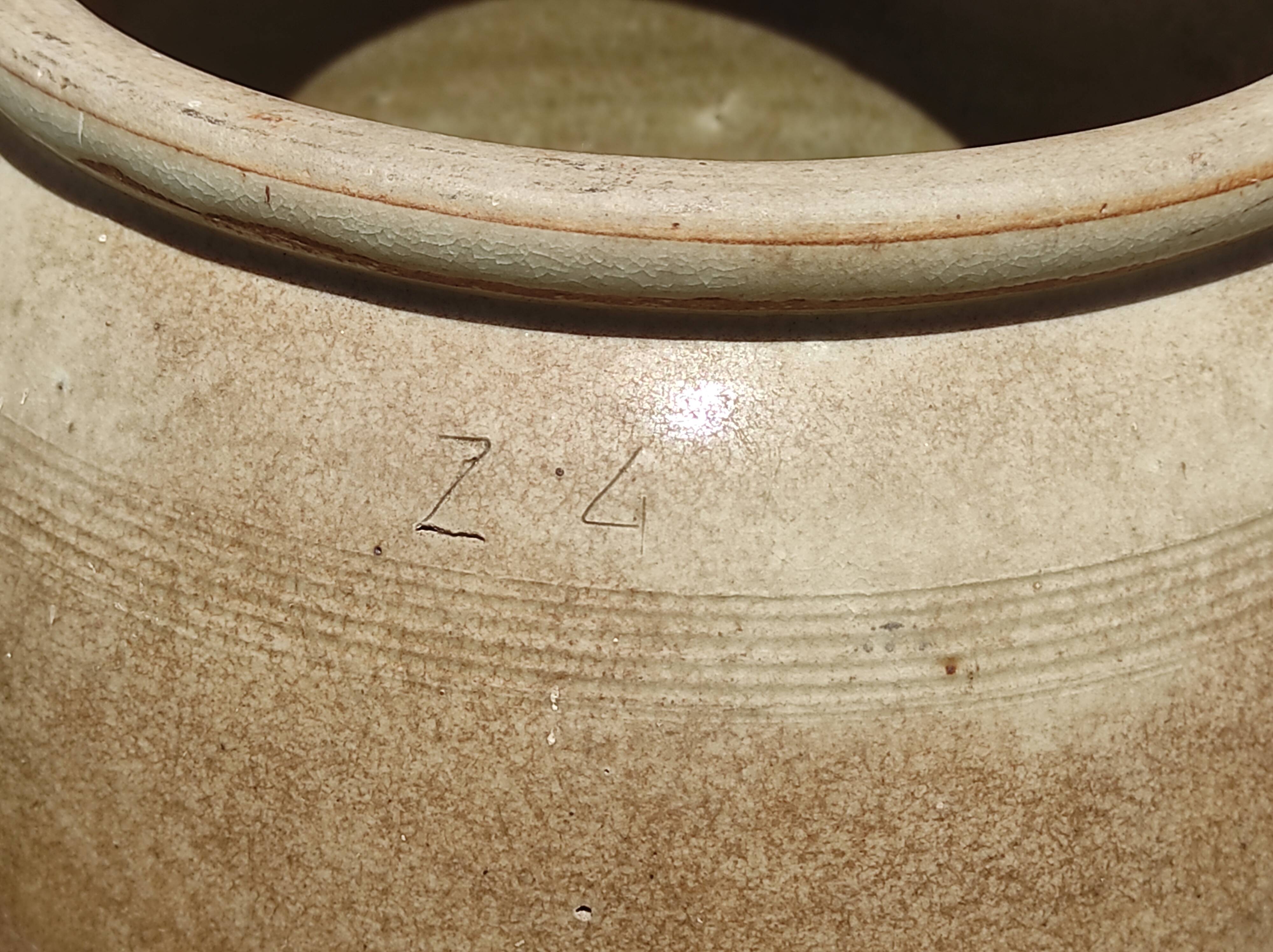 Old grease pot or confit in glazed rustic sandstone vase storage pencils brushes kitchen