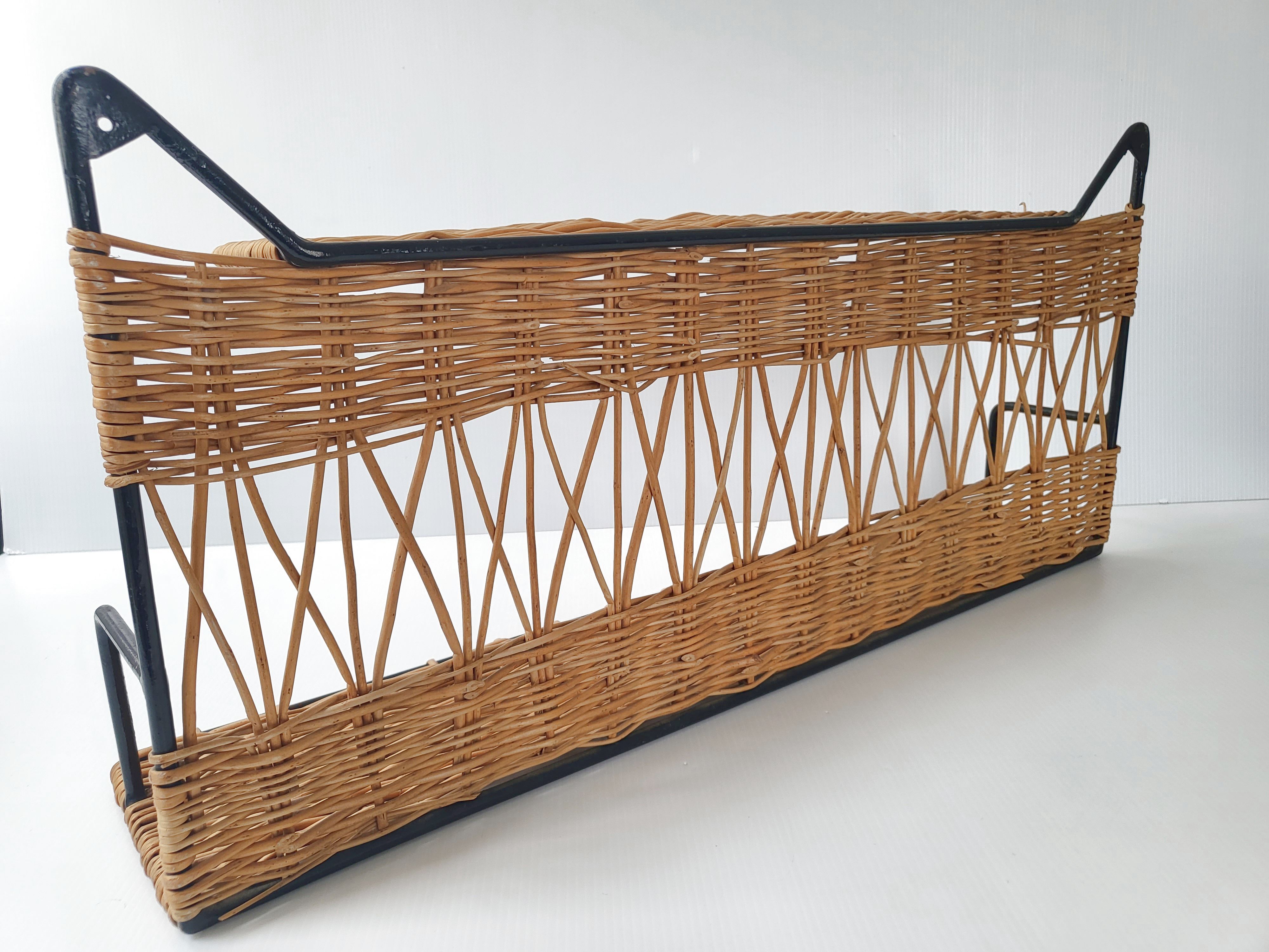 Vintage rattan & steel shelf 1950