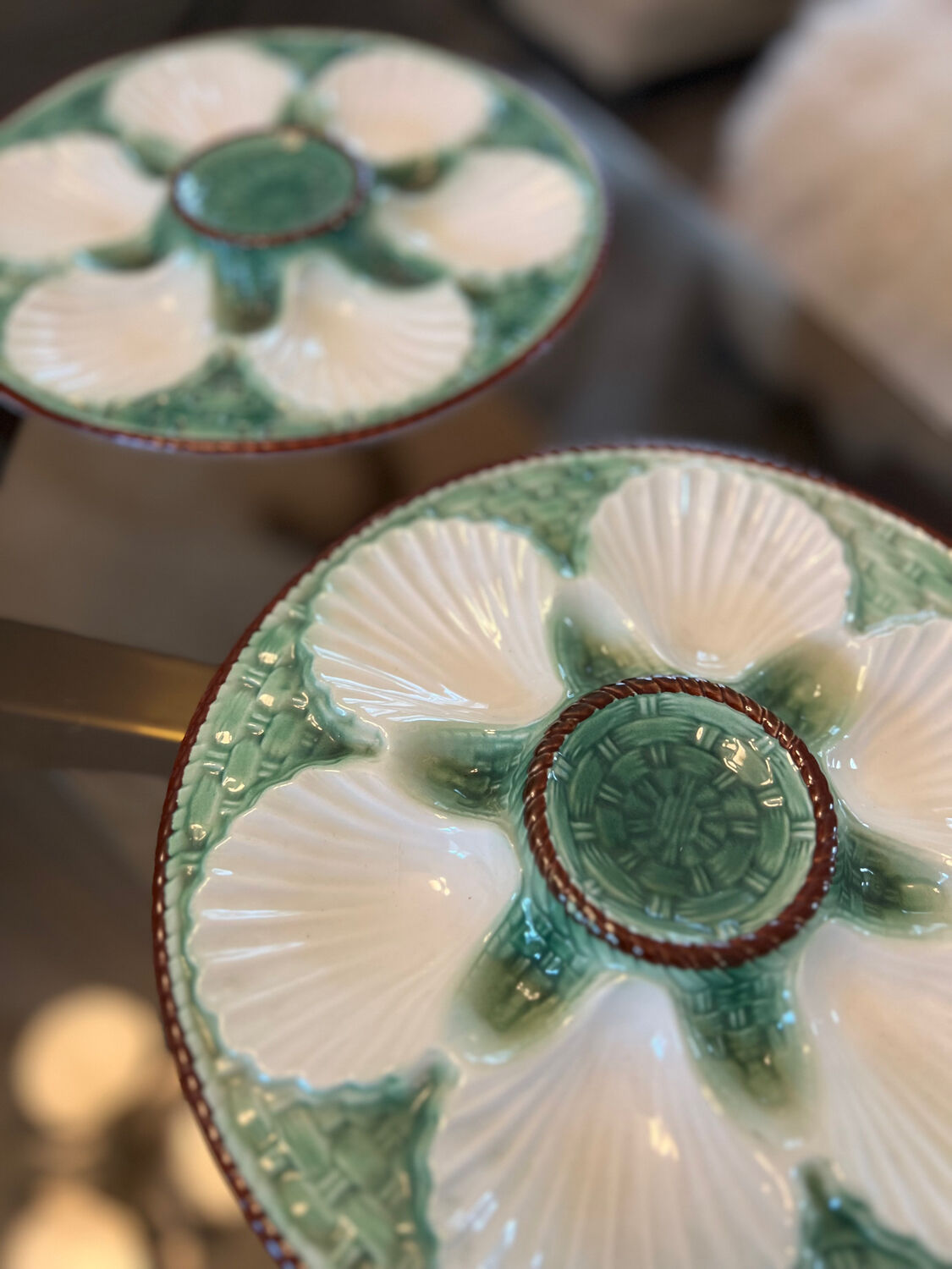 6 vintage slip oyster plates