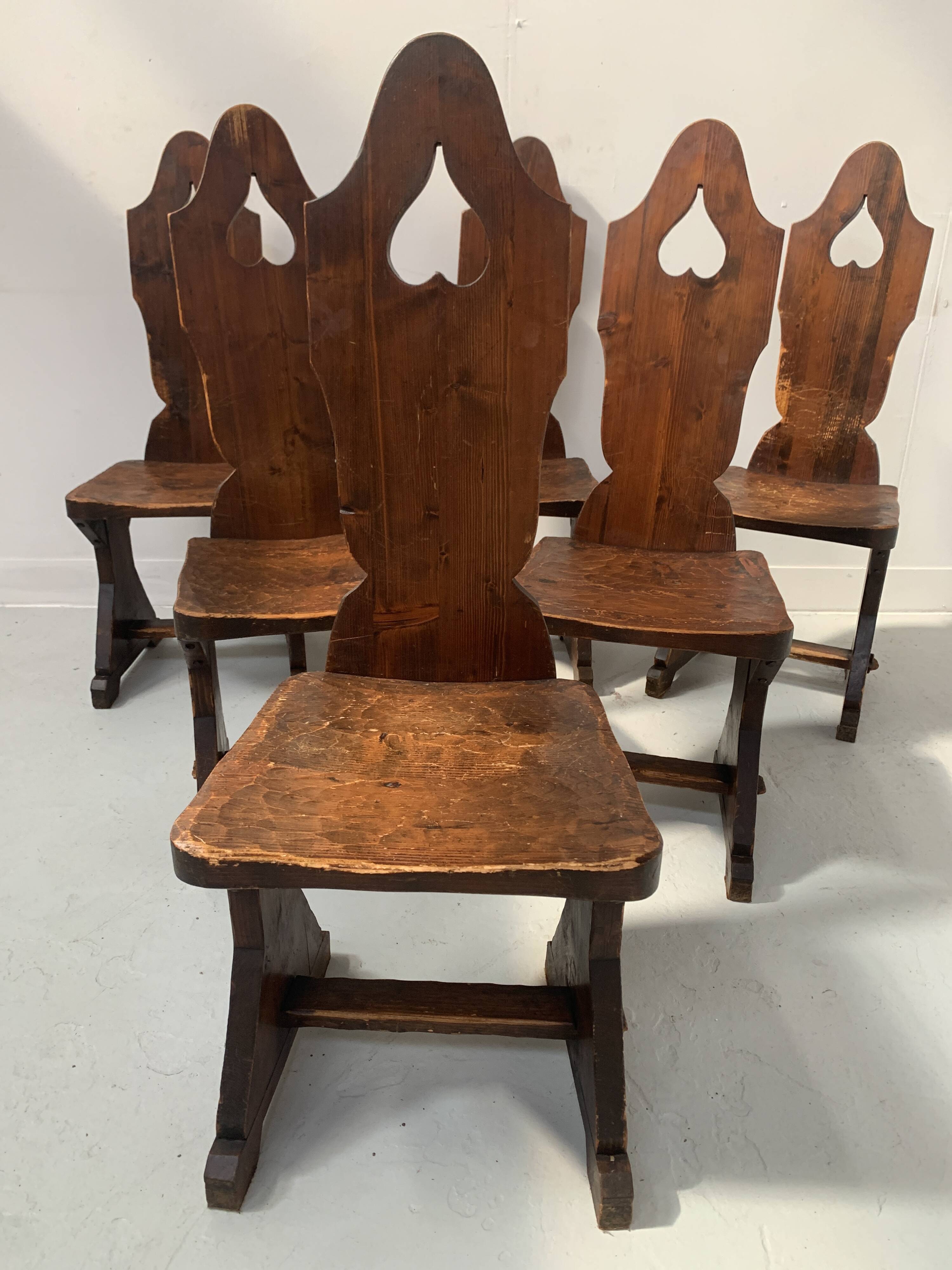 Set of six natural wood chairs "Brutalist art" 20th century