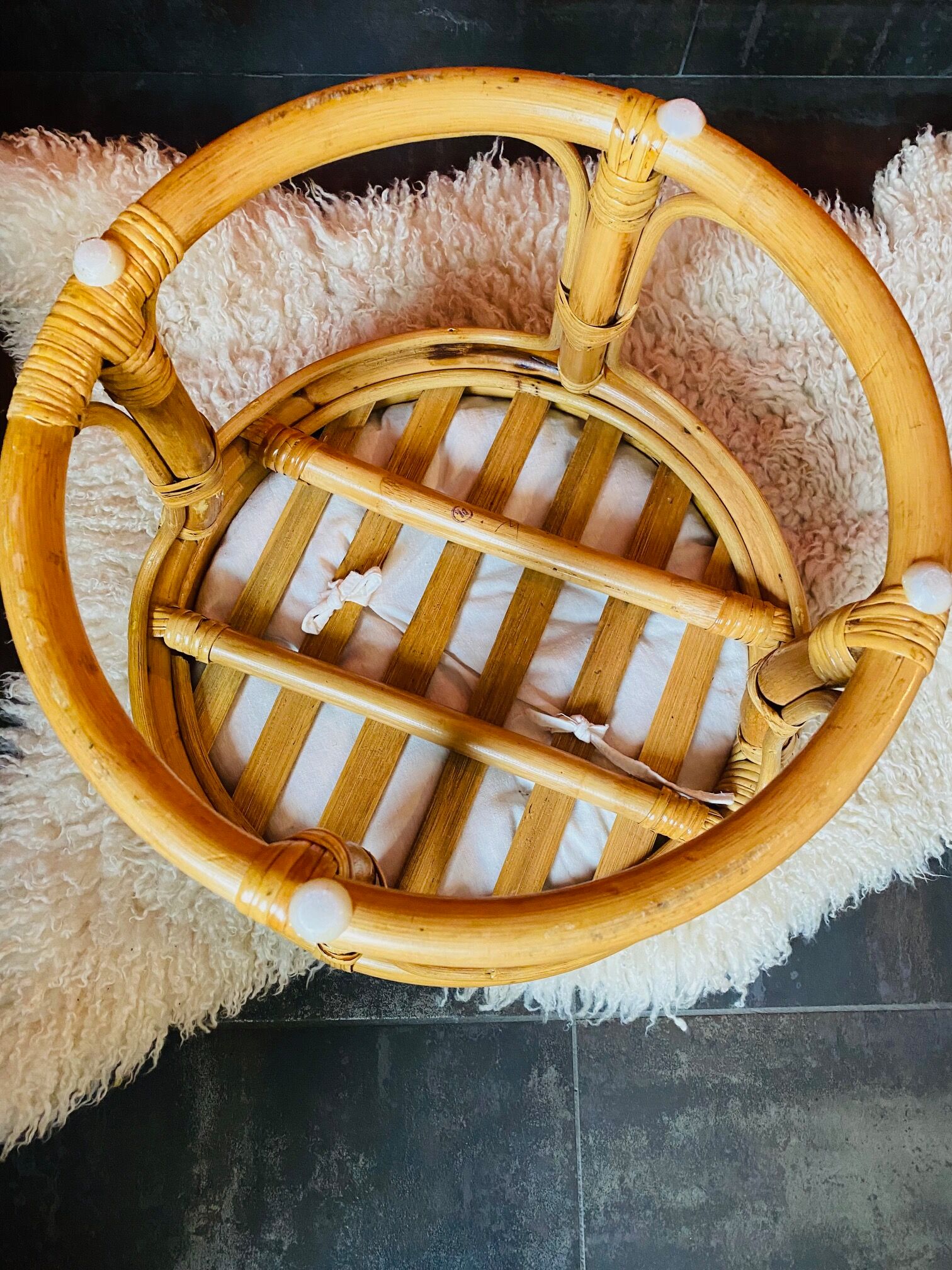 Pouf in rattan and bamboo natural color 70s.