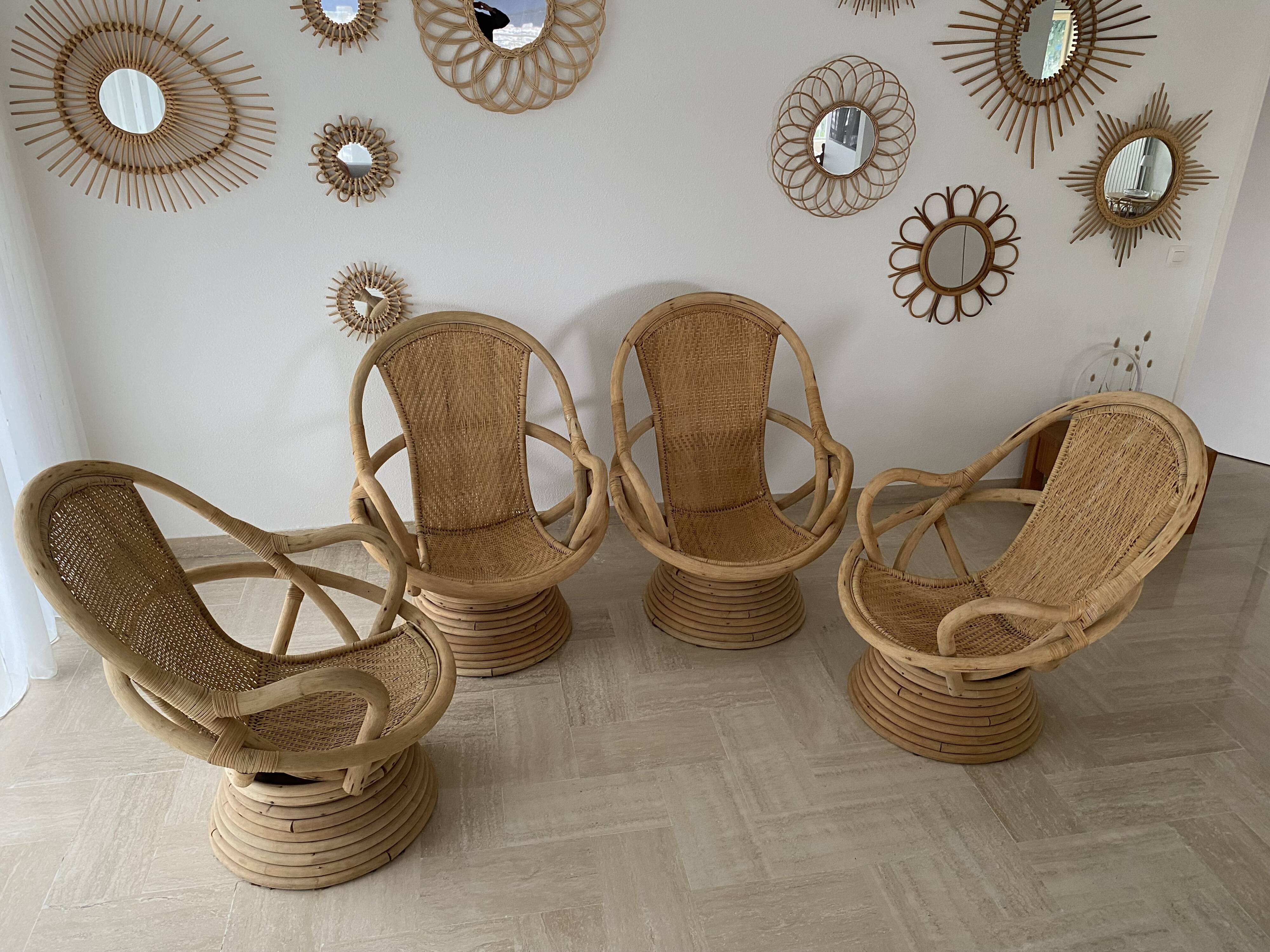 4 swivel basket chairs in bamboo and rattan