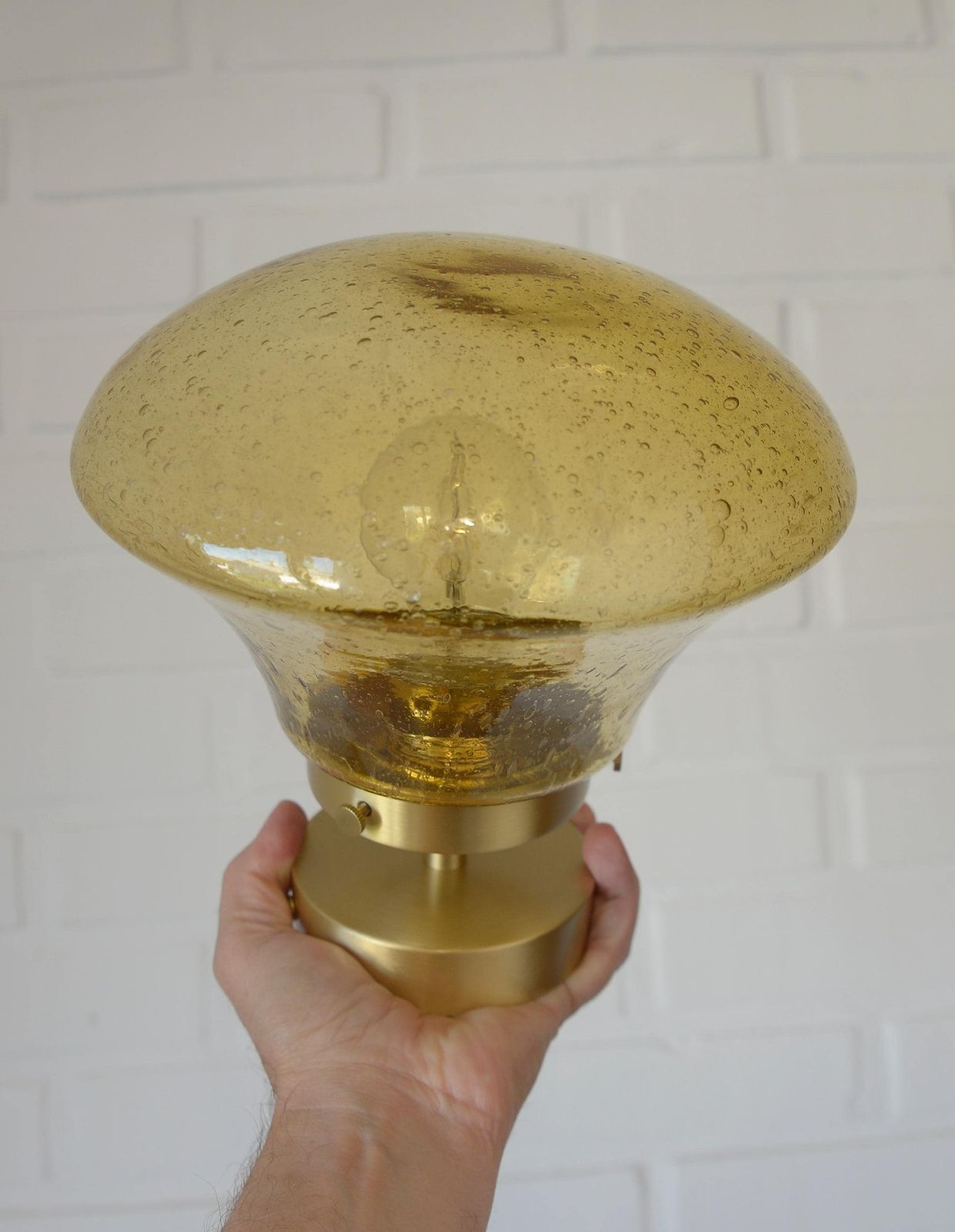 Amber Bubble Glass Ceiling Light, Brass Semi Flush Mount, Mushroom Lamp