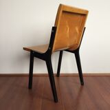 1950s church or school chairs in beech plywood and black stained wood by Roland Rainer