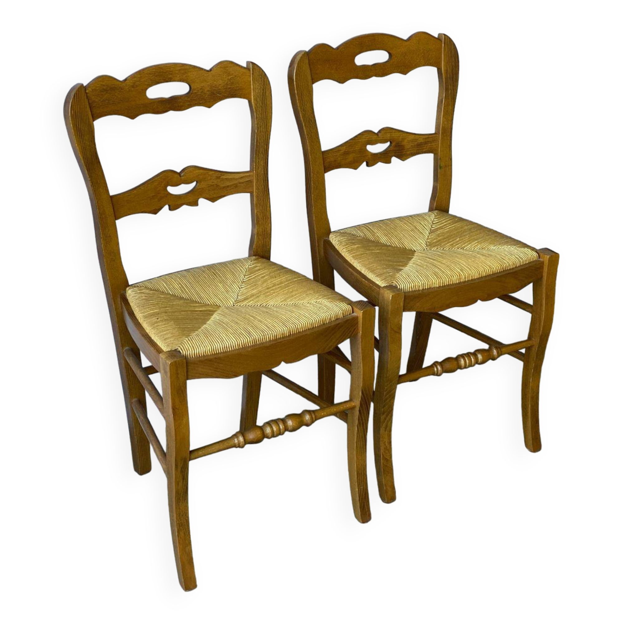 2 solid wood and straw dining chairs