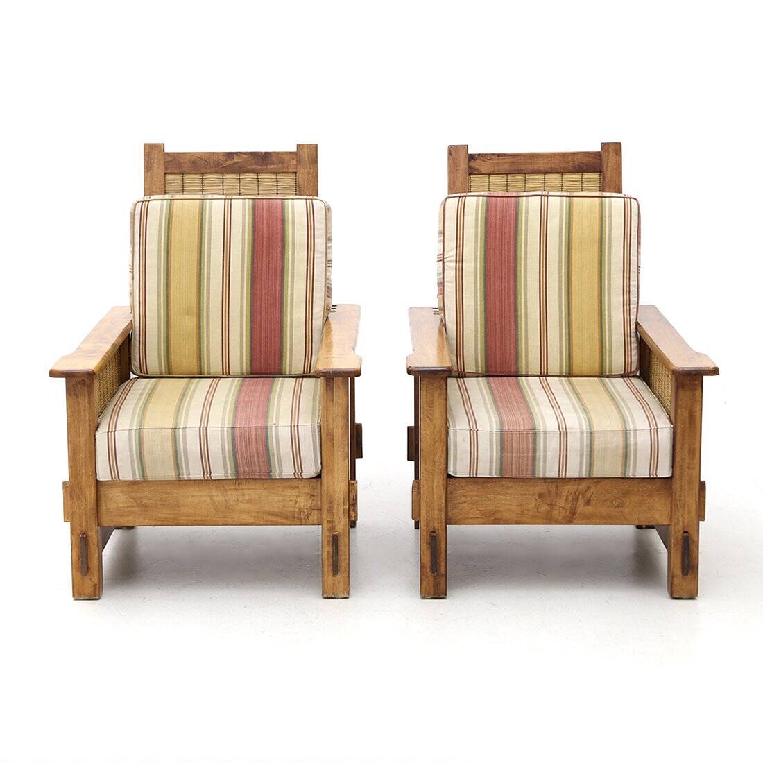Set of South African colonial armchairs in wood and straw, 1980s.