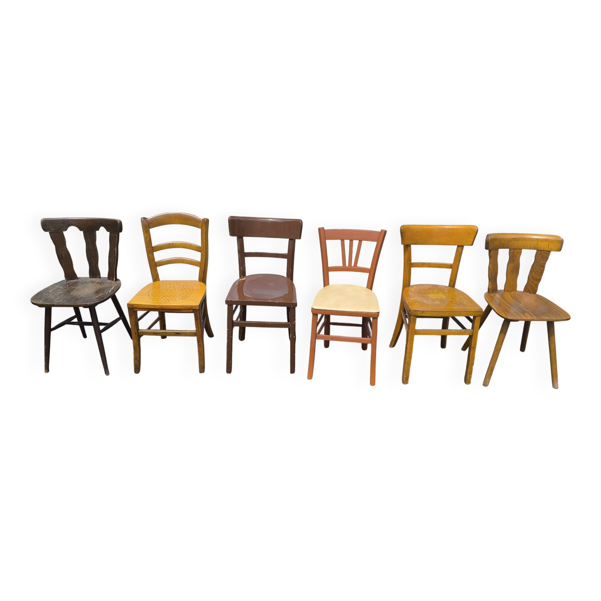 Set of 6 mismatched vintage wooden bistro chairs