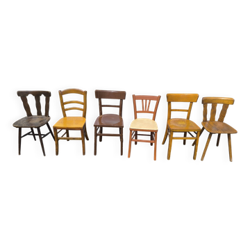 6 mismatched vintage wooden bistro chairs