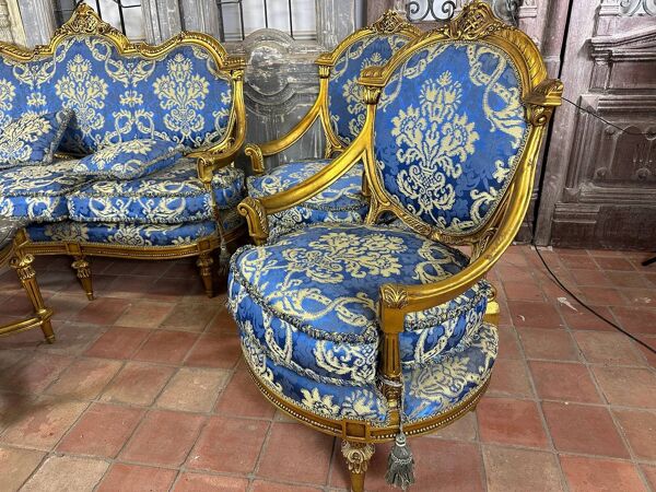 Salon Louis XVI doré complet - Canapé 3 places + 4 fauteuils
